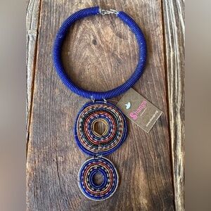 SHANGA Blue Beaded Masai Necklace with Multicolor Pendant frTanzania Africa NWT